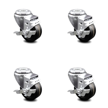 Service Caster 3 Inch Phenolic Wheel Swivel Bolt Hole Caster Set with Brake SCC-BH20S314-PHR-TLB-4